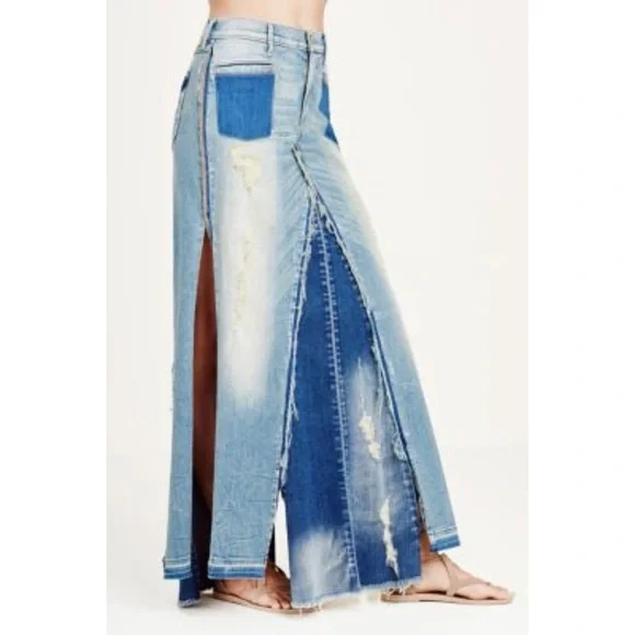 True Religion Distressed Pieced Patchwork Denim Maxi Skirt - Picture 2 of 11